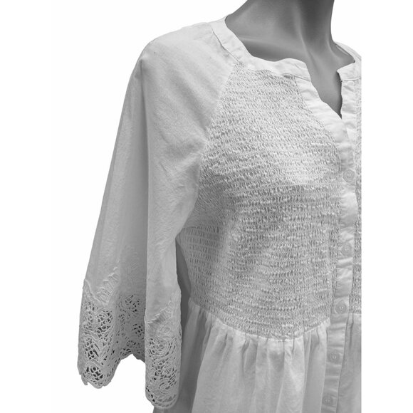 Alessa W Womens White Smocked Lace Peasant Tunic Blouse 3/4 Sleeve Size 6 Fairy - Picture 3 of 14